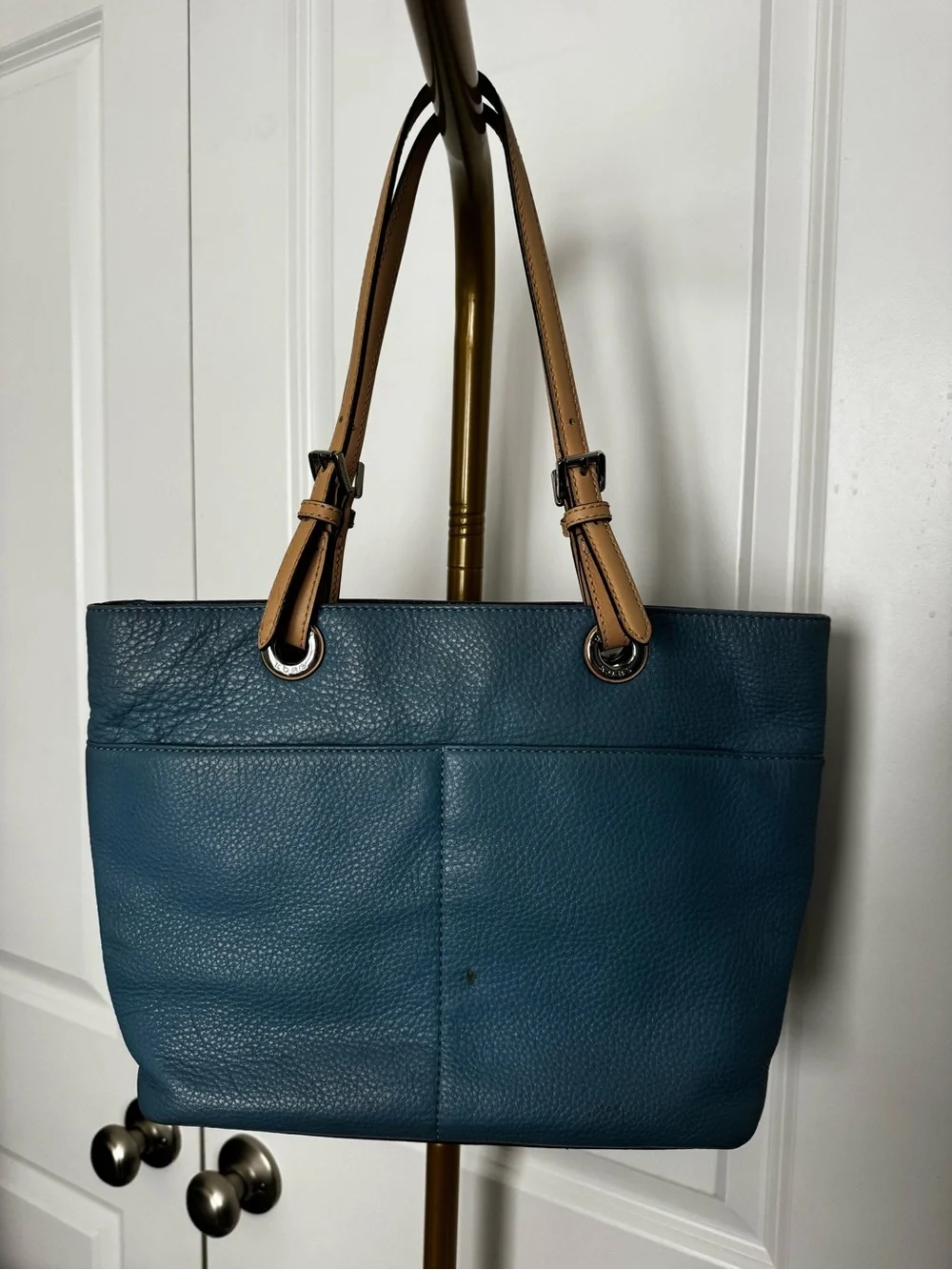 Michael Kors Dusty Blue Leather Tote with Tan Handles